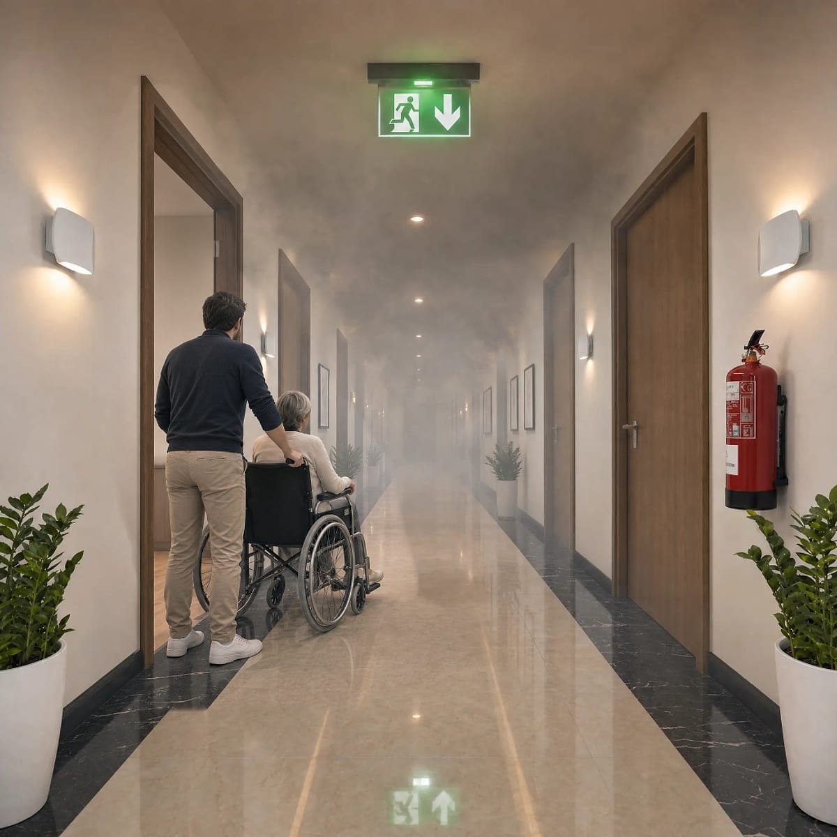 Circulation d’établissement recevant du public équipée d’un balisage d’évacuation lumineux et d’un extincteur, avec accompagnement d’une personne à mobilité réduite.