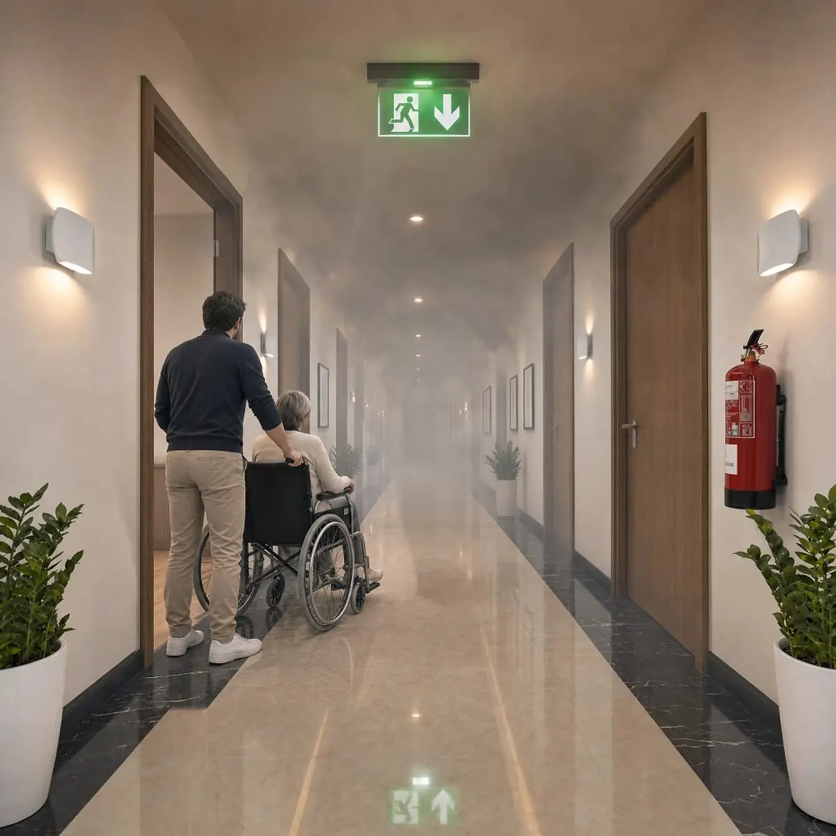 Circulation d’établissement recevant du public équipée d’un balisage d’évacuation lumineux et d’un extincteur, avec accompagnement d’une personne à mobilité réduite.