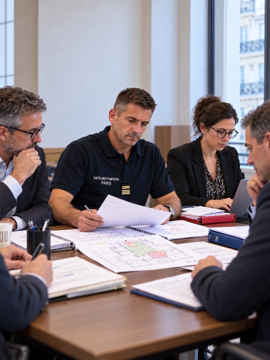 Réunion de commission de sécurité autour des plans réglementaires avec un officier préventionniste des sapeurs-pompiers et l’équipe projet.