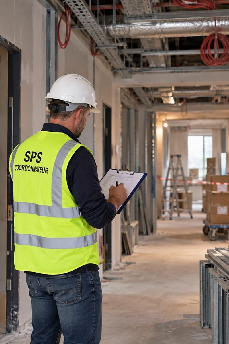 Coordonnateur SPS sur chantier de construction effectuant le suivi de la sécurité et de la protection de la santé.