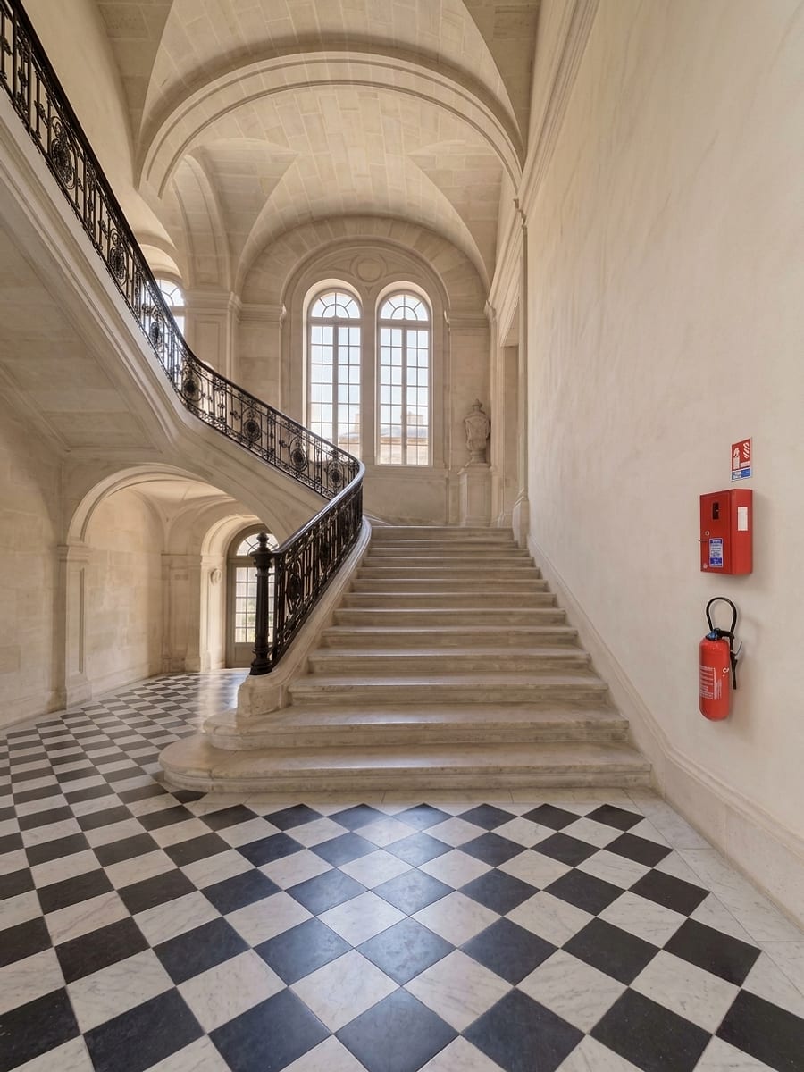 Escalier monumental équipé d’un extincteur et d’une commande de désenfumage illustrant la mise en sécurité incendie et l’accessibilité du patrimoine bâti.