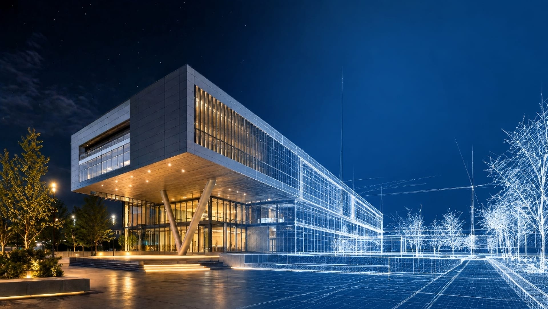 Bâtiment contemporain illuminé de nuit et modélisation filaire architecturale illustrant l’ingénierie de sécurité incendie et d’accessibilité pour le patrimoine et les ERP.