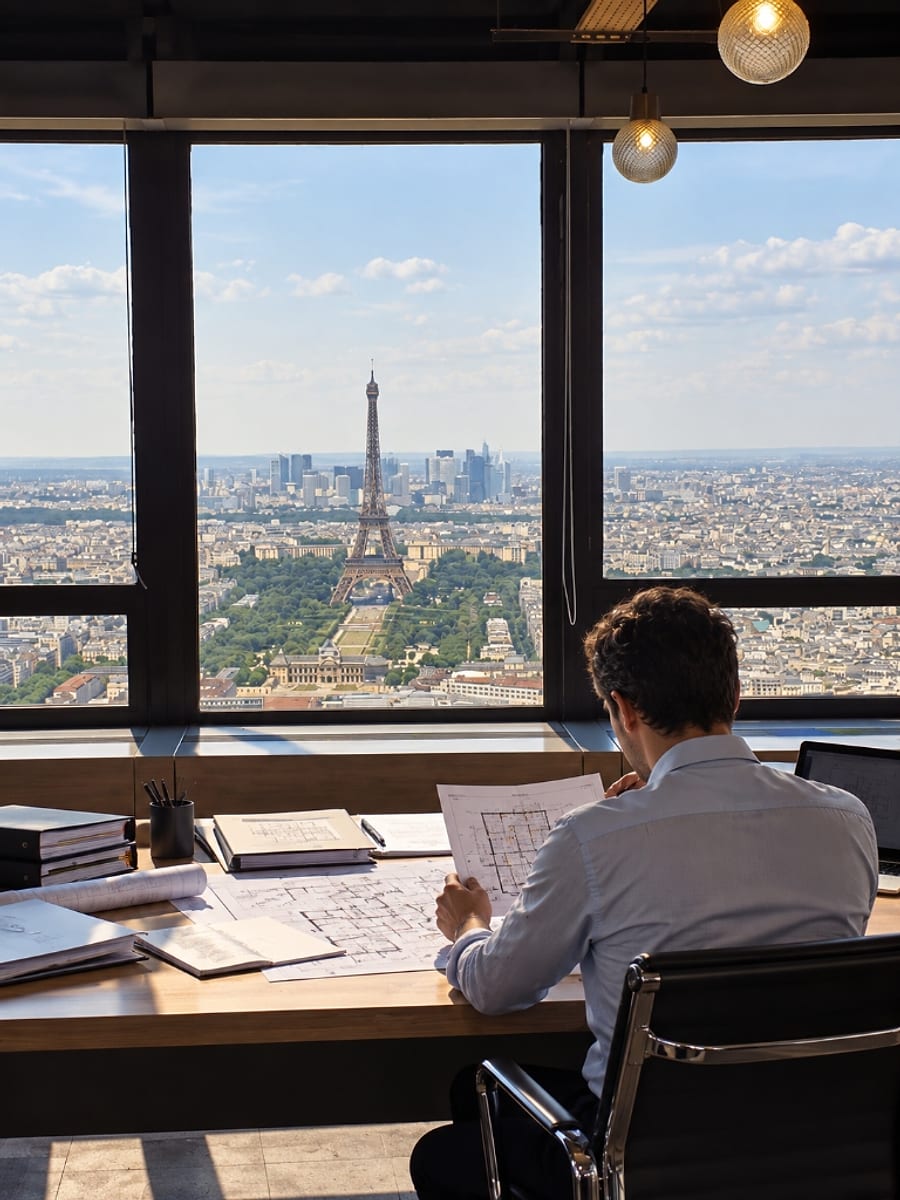 Mandataire de sécurité IGH examinant les plans et dossiers techniques de sécurité incendie depuis un immeuble de grande hauteur.