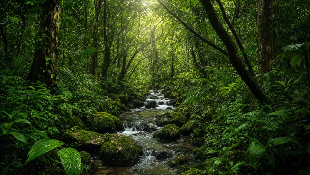 Forêt verdoyante traversée par un cours d’eau naturel illustrant la prévention QHSE, la santé-sécurité et l’environnement.