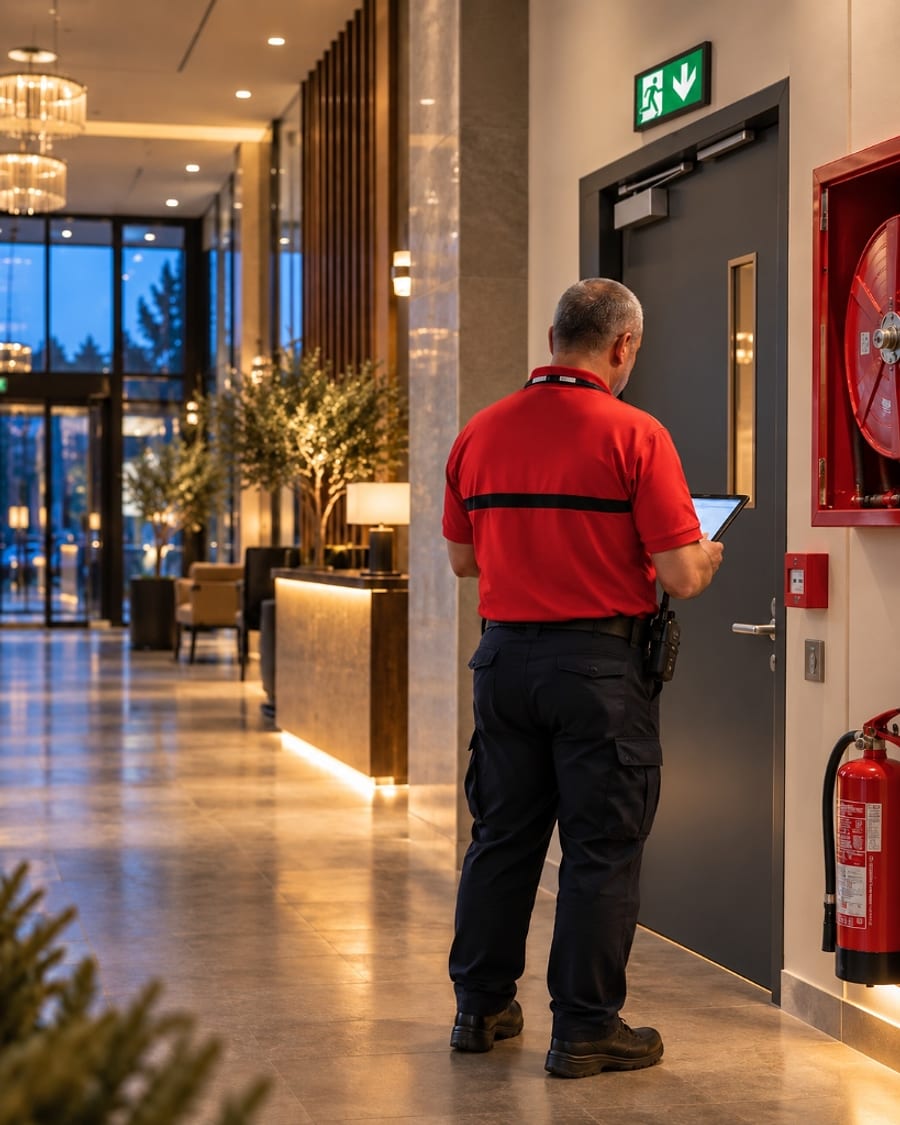 Agent de sécurité incendie SSIAP vérifiant les organes de sécurité incendie (RIA, déclencheur manuel, extincteur et issue de secours) dans un ERP.