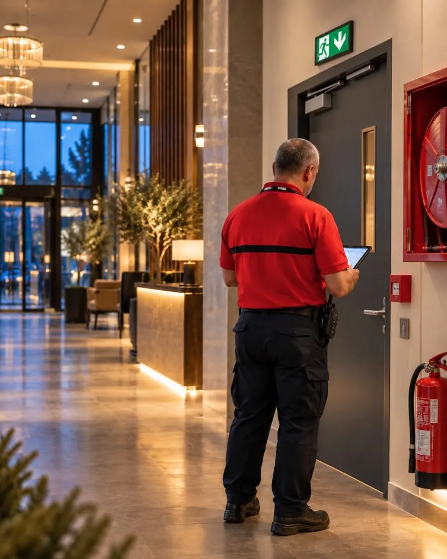 Agent de sécurité incendie SSIAP vérifiant les organes de sécurité incendie (RIA, déclencheur manuel, extincteur et issue de secours) dans un ERP.
