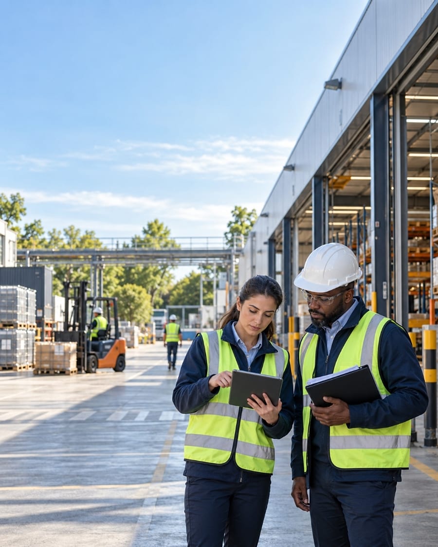 Auditeurs QHSE sur site logistique et industriel vérifiant la conformité du système de management qualité, hygiène, sécurité et environnement.