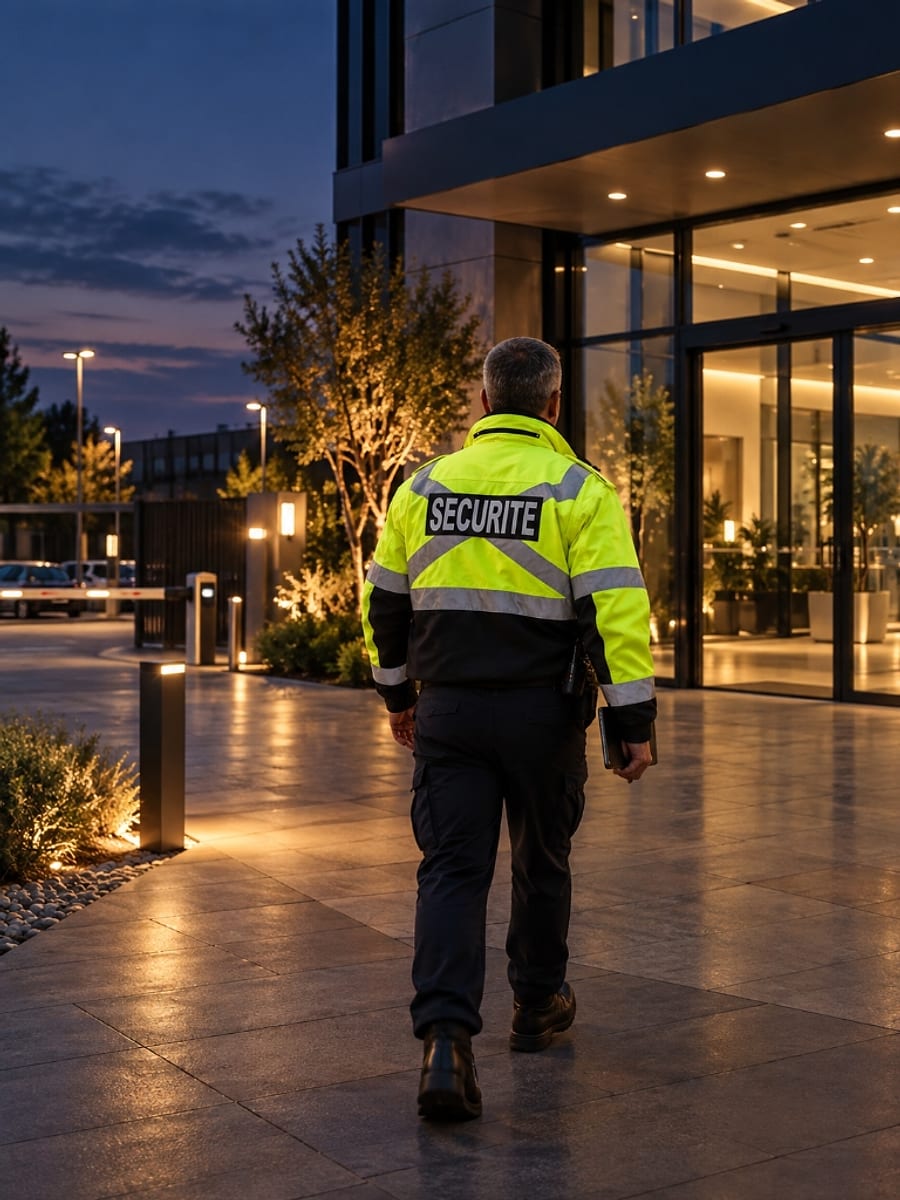 Agent de sécurité et de gardiennage en ronde extérieure aux abords d’un site tertiaire de nuit.